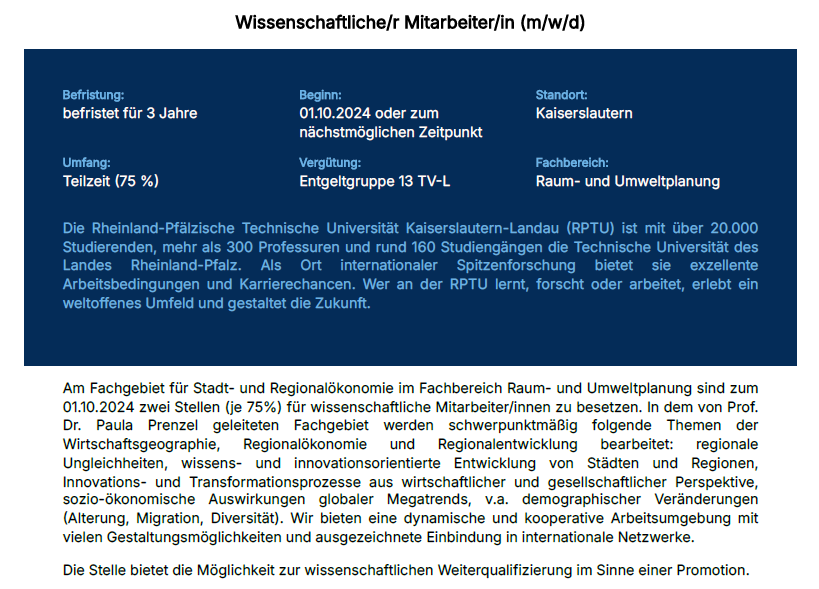 An der <a href="/rptu_kl_ld/">RPTU</a> sind ab Oktober zwei Stellen für wissenschaftliche Mitarbeiter*innen im Fachgebiet Stadt- und Regionalökonomie zu besetzen. Wer hat Lust, eine neue Gruppe beim Auf- und Ausbau zu begleiten? 

Bewerbungen bis 15.9.  hier: jobs.rptu.de/jobposting/e09…