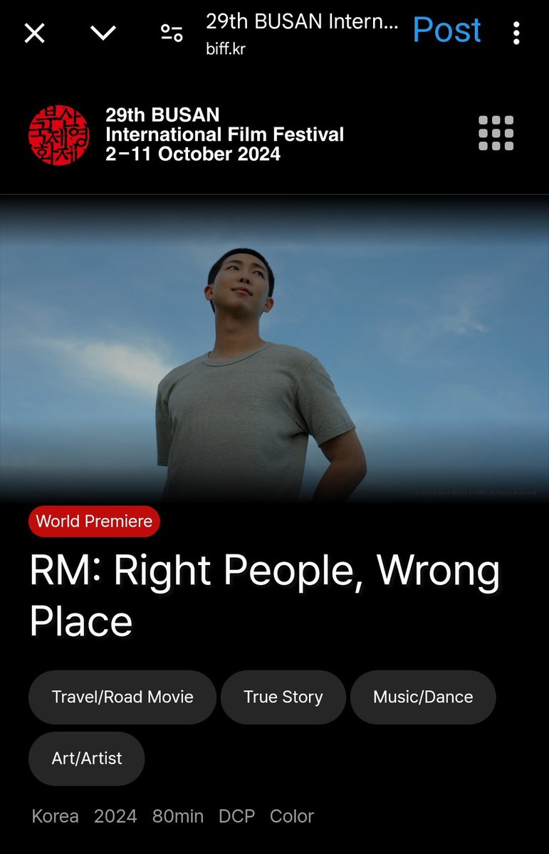 Akhirnya!! Yang kita tunggu🥹🔥 
Dokumentar RPWP akan tanyang di Festival Film Busan ke-29 📢

“RM : Right People, Wrong Place” masuk dalam daftar pendek kategori “Open Cinema” 

Film ini diperkirakan akan tayang selama 80 menit dan akan tayang pada tanggal 2 - 11 oktober 2024.