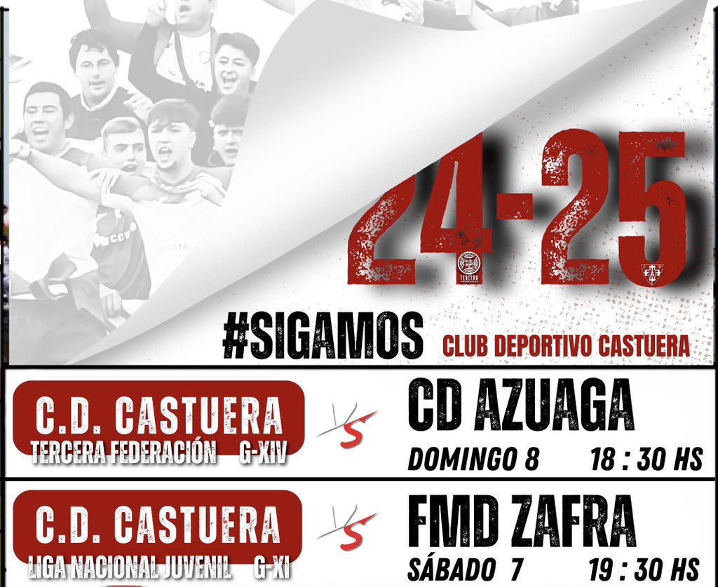 CastueraCd's tweet photo. 𝗧𝗘𝗥𝗖𝗘𝗥𝗔 𝗥𝗙𝗘𝗙
Comienza la liga para nuestro equipo Senior.

𝗟𝗜𝗚𝗔 𝗡𝗔𝗖𝗜𝗢𝗡𝗔𝗟 𝗝𝗨𝗩𝗘𝗡𝗜𝗟
Segundo partido de liga, en casa.

Info: 👇🏿

#aguantecastuera ⚪️🔴 https://t.co/jgDn5ntPEB