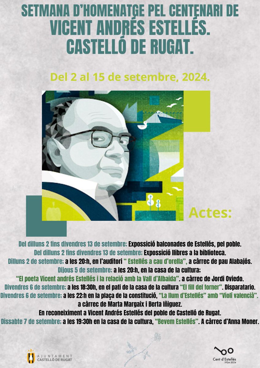 JordiOviedo80's tweet photo. Setmana estellesiana a més no poder. Hi ha un fum d'actes de reconeixement popular. Un exemple les activitats dedicades al poeta a Castelló de Rugat. Jo hi vaig dijous, i divendres a Atzeneta a xarrar d'Estellés i la Vall d'Albaida. Convidats esteu!
#100dEstellés
@AnyEstelles https://t.co/gow2Akmeoh