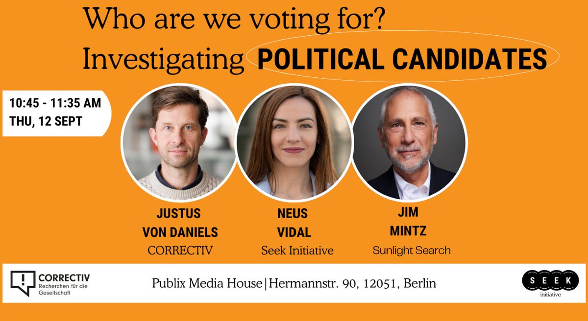 Neus Vidal (@neusvidal) on Twitter photo Who are we voting for? It will be a pleasure to moderate this panel at the #Publix Conference in Berlin. If you want to learn how to investigate political candidates don’t miss this workshop with Jim Mintz (Sunlight Search) and <a href="/justus_vdaniels/">Justus v Daniels</a> (CORRECTIV) Who are we voting for? It will be a pleasure to moderate this panel at the #Publix Conference in Berlin. If you want to learn how to investigate political candidates don’t miss this workshop with Jim Mintz (Sunlight Search) and <a href="/justus_vdaniels/">Justus v Daniels</a> (CORRECTIV)