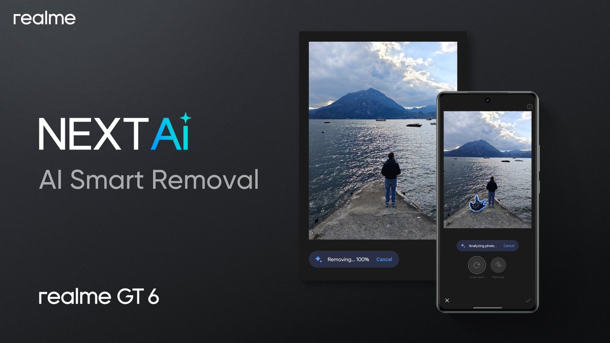 realmeItalia's tweet photo. Sfrutta al massimo AI Smart Removal, il tuo assistente AI per ritocchi perfetti. #realmeGT6 #GTisBACK #FlagshipKiller https://t.co/gWJYbpmom8