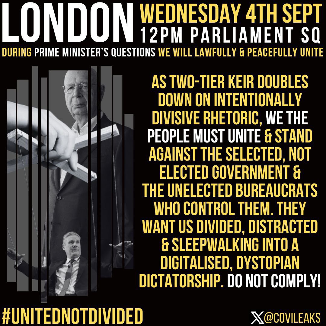 FreeWomanLeahy's tweet image. Tomorrow we will peacefully &amp;amp; Lawfully assemble outside Parliament for Prime Minister Q&amp;amp;As to protest against the selected not elected Government &amp;amp; the unelected bureaucrats who control them. 

Know your enemy. 

#UnitedNotDivided

📍Parliament Sq 🗓️ 4th Sep ⏰12pm