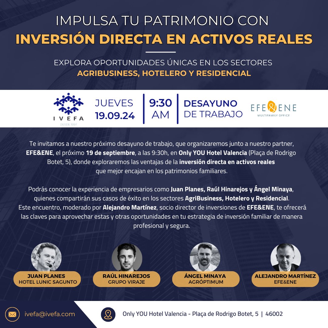 📅 El 19 de septiembre volvemos a <a href="/OnlyYOUHotels/">Only YOU Hotels</a> para celebrar un nuevo desayuno de trabajo y descubrir, junto a nuestro a partner <a href="/efeyene/">EFE&ENE</a>, cómo la inversión directa en activos reales puede impulsar tu patrimonio familiar.

📝 ¡Reserva tu plaza ahora! 👉🏻 forms.gle/cGdVfJddUqk8Ms…