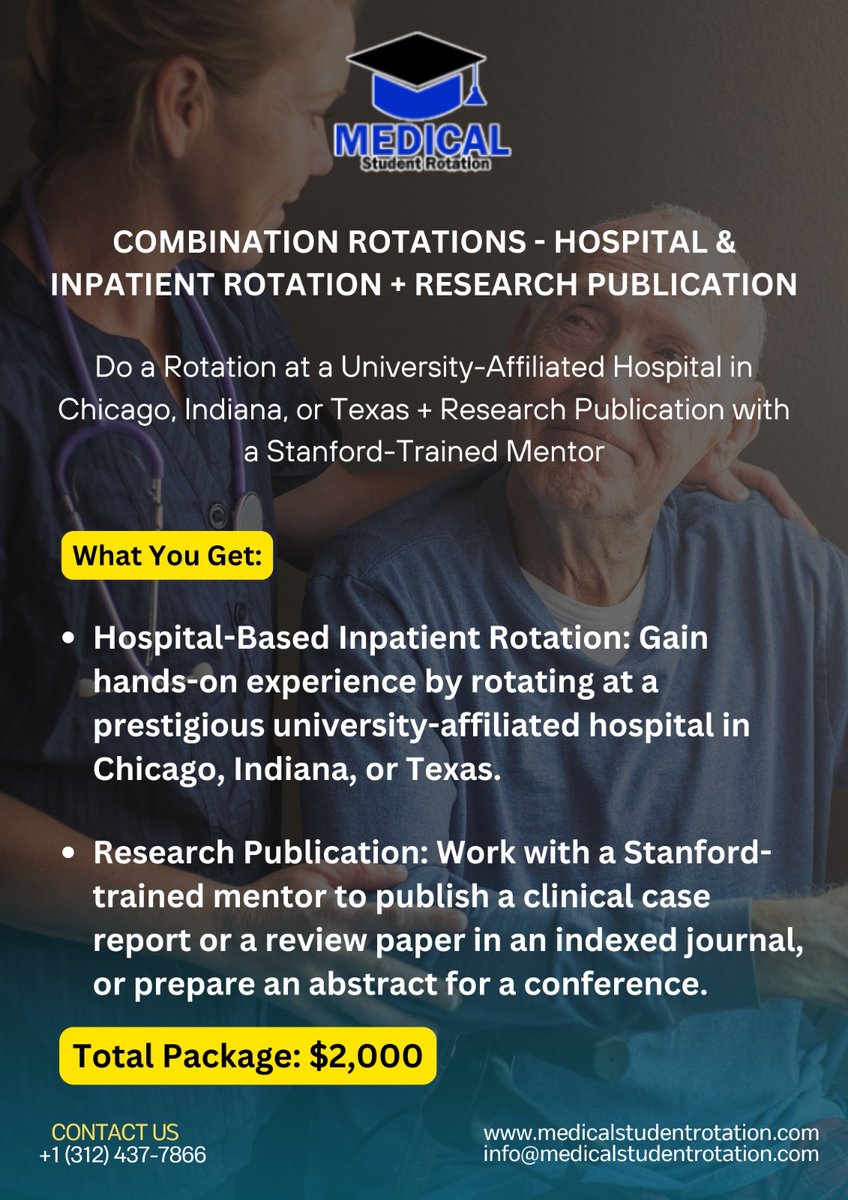 Advance Your Medical Career with Our Exclusive Combo Rotations! 🏥📚
#MedicalRotation #FutureDoctors #MedicalTraining #ResearchPublication #MedStudentLife #Healthcare #MedSchool #ClinicalExperience #MedicalEducation #Chicago #Indiana #Texas