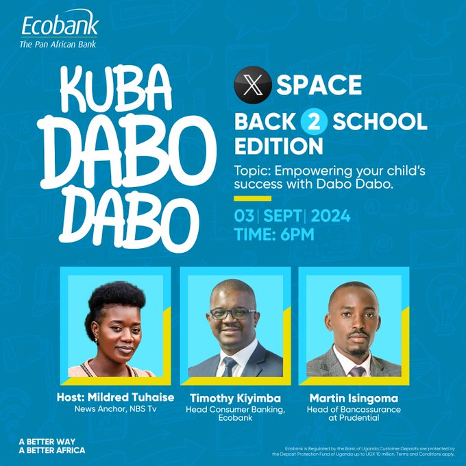 mildredtuhaise's tweet image. The school fees battle can be a real pain, but not any more with @EcobankUganda's #KubaDaboDabo because there is definitely #ABetterWay to reach your financial goals while managing expenses.
Join us today at 6 PM for an enlightening discussion with expert panelists @timkiyimba,