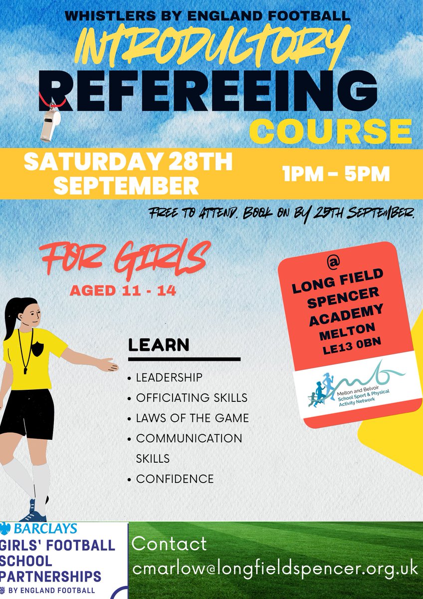 Girls' are invited to attend an introductory refereeing programme funded by the <a href="/BarclaysFooty/">Barclays Football</a> Schools Football Partnership
 Book here ⬇️ forms.office.com/e/0xU7gVMRj4