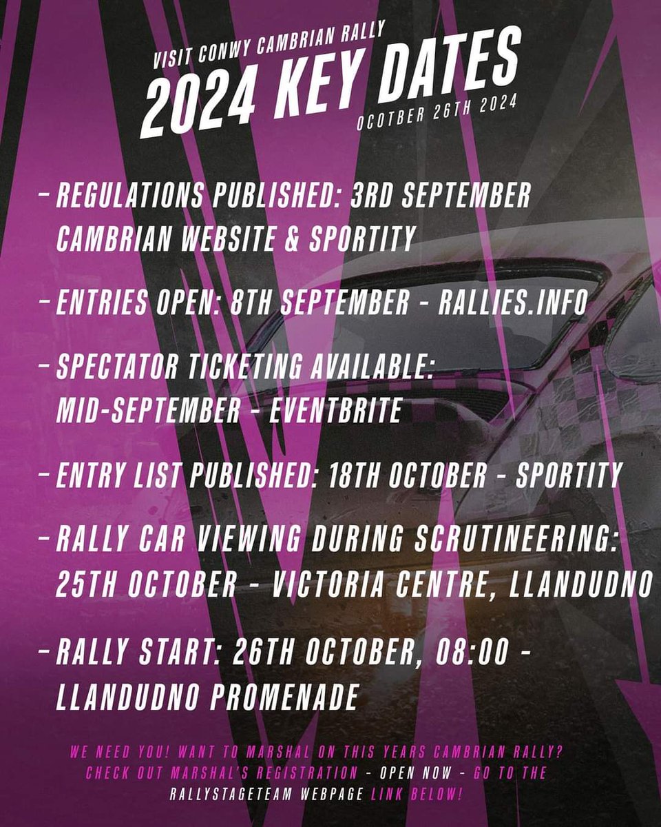 Get ready for the 2024 Cambrian Rally! 🙌

Here are the key dates leading up to the big event.

We need you! Want to be part of the action as a marshal? Sign up now at RallyStageTeam 

You don’t want to miss this year’s Cambrian! 👀 

#CambrianRally2024 #CambrianRally