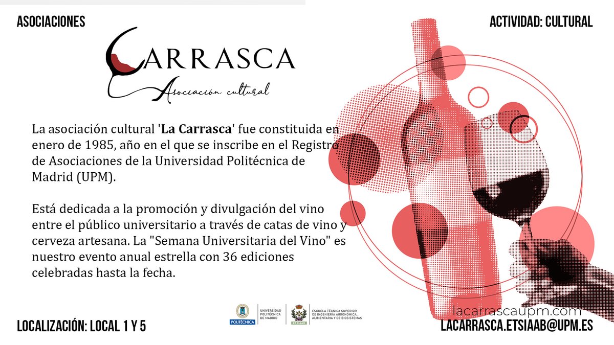 #AsociacionesETSIAAB | Si te gustaría participar en la promoción y divulgación del vino entre el público universitario a través de catas de #vino y cerveza artesana, <a href="/lacarrasca/">La Carrasca</a> es tu asociación. ¡Conócela!

➕etsiaab.upm.es/Estudiantes/As… 

#estudiantesETSIAAB