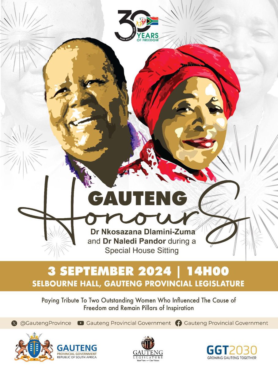 The <a href="/GautengProvince/">Gauteng Provincial Gov</a> and the <a href="/GPLegislature/">GPLegislature</a> will today honour two outstanding women who influenced the cause of freedom and remain pillars of inspiration, Dr <a href="/DlaminiZuma/">Dr Nkosazana Dlamini Zuma</a> and Dr Naledi Pandor. The special sitting will take place at the <a href="/GPLegislature/">GPLegislature</a>. #GrowingGautengTogether