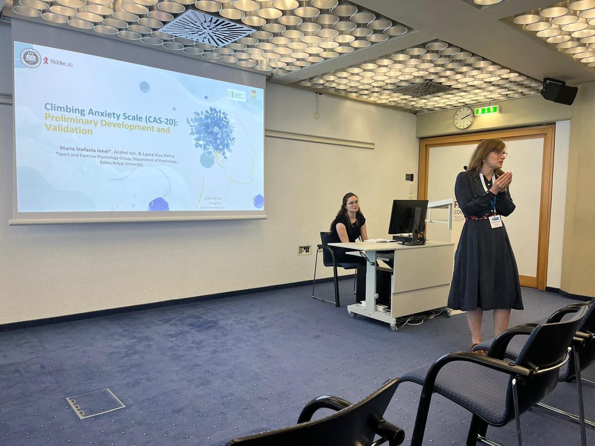 RiddleLab_UBB's tweet image. Dr Maria Stefania Ionel delivered a great oral presentation on the &quot;Climbing Anxiety Scale (CAS-20): Preliminary Development and Validation&quot; at the FEPSAC (European Federation of Sport Psychology) Congress (Innsbruck, Austria), the largest Sport Psychology Conference in Europe😊
