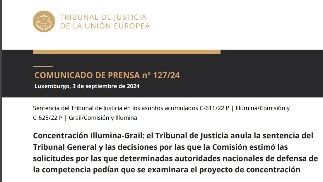 Illumina-Grail: el TJUE declara que el Reglamento de Concentraciones no permite a las autoridades nacionales de competencia solicitar a la Comisión el examen de concentraciones que no tengan dimensión europea ni alcancen los umbrales nacionales aplicables
rb.gy/3opdxs