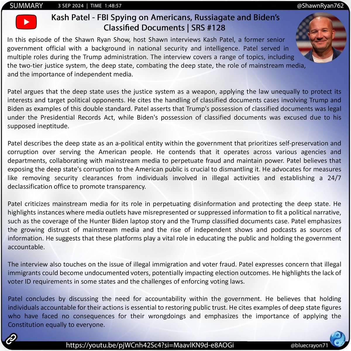 bluecrayon71's tweet image. Kash Patel - FBI Spying on Americans, Russiagate and Biden’s Classified Documents | SRS #128  @ShawnRyan762 

🔗youtu.be/pjWCnh42Sc4?si…

#DeepState #ClassifiedDocuments #GovernmentAccountability #Corruption #Trump #Biden #Russiagate #Benghazi #FBI #DOJ #CIA #NationalSecurity