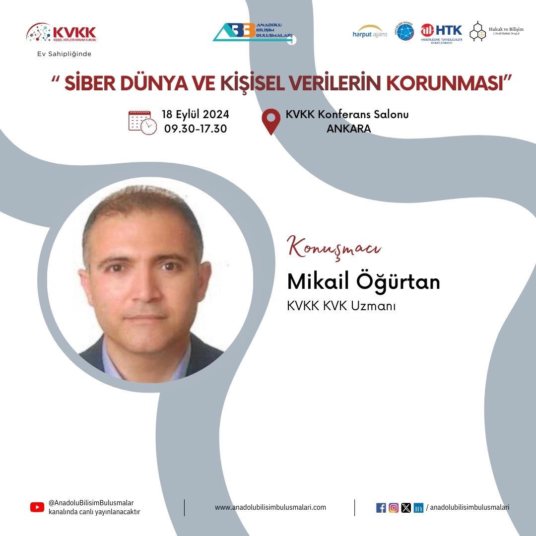 #anadolubilişimbuluşmaları kapsamında, KVKK ev sahipliğinde; Harput Ajans, Hukuk ve Bilişim Dergisi, Kamu Bilişim Derneği ve Haberleşme Teknolojileri Kümelenmesi işbirliği ile düzenlenen, "SİBER DÜNYA ve KİŞİSEL VERİLERİN KORUNMASI" etkinliği için hazır mısınız? 🚀