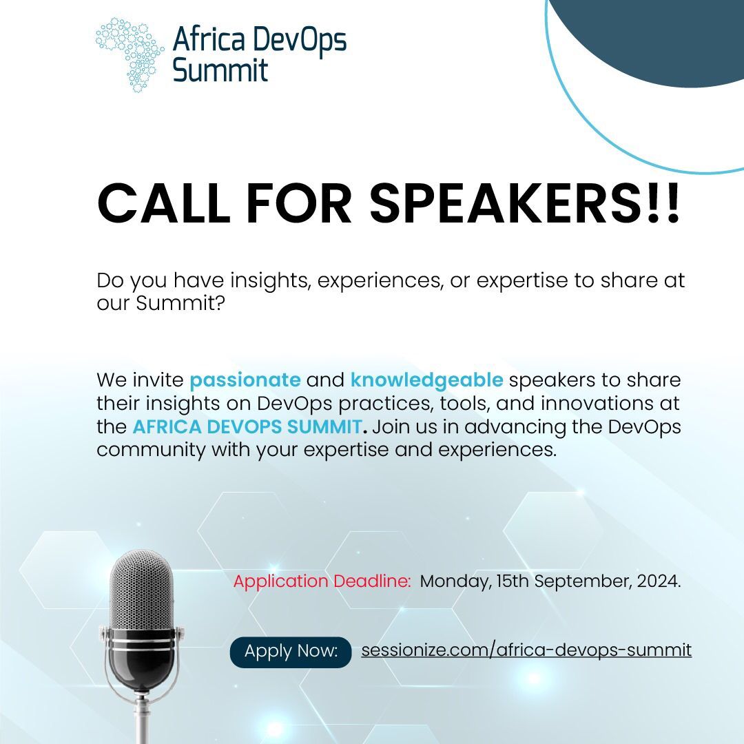 AfDevOpsSummit's tweet photo. 🗣️ Great news!
We’ve extended the call for speakers to September 15th. Share your insights at Africa DevOps Summit 2024! 

visit: https://t.co/lxMjnnirXc 
#AfricaDevOpsSummit2024 #NairobiDevOps #DevOpsCommunity #TechInnovation https://t.co/gc5AcBXlCQ