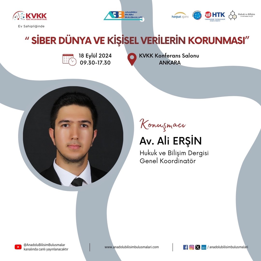 #anadolubilişimbuluşmaları kapsamında, KVKK ev sahipliğinde; Harput Ajans, Hukuk ve Bilişim Dergisi, Kamu Bilişim Derneği ve Haberleşme Teknolojileri Kümelenmesi işbirliği ile düzenlenen, "SİBER DÜNYA ve KİŞİSEL VERİLERİN KORUNMASI" etkinliği için hazır mısınız? 🚀