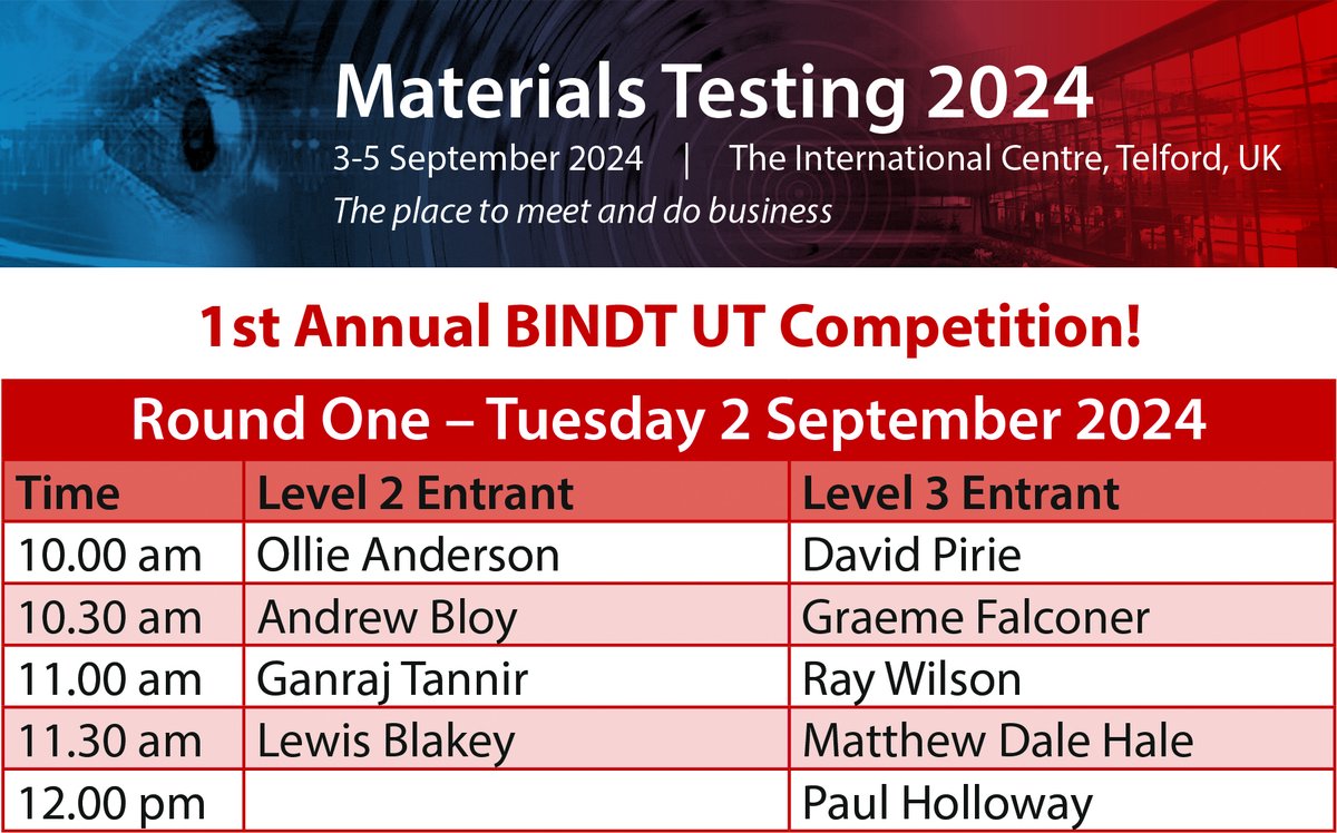 The first round of UT Competition entrants has now been announced! The competition will be held on Stand E21 at #MT2024 from 10 am. The tournament will follow a ‘knockout’ system until one person is crowned the victor! Find out more at: bindt.org/events-and-awa… #ndt #cm #bindt
