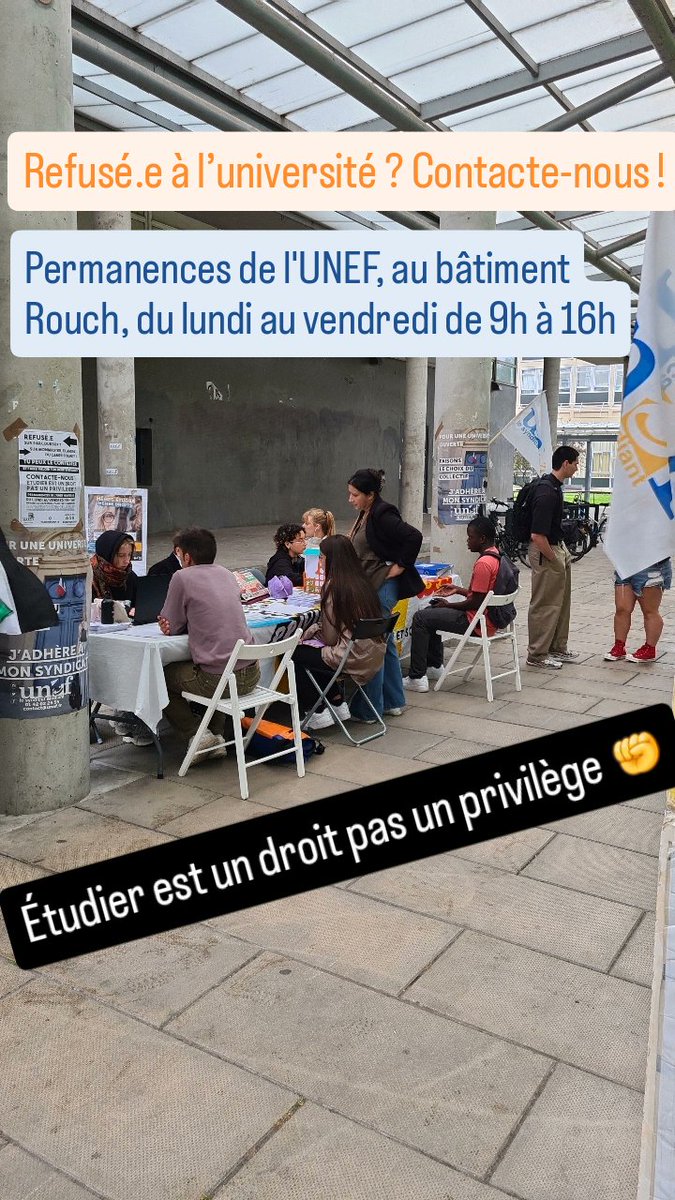 uneftacle's tweet photo. Refusé.e à l’université ? Contacte-nous ! Nous reprenons nos permanences sur le campus de l’université de Nanterre devant le bâtiment Rouch à partir de ce lundi 2 septembre, du lundi au vendredi de 9h à 16h.
#selection #sansfac #sansmaster #esr https://t.co/wE2dEFZAlf