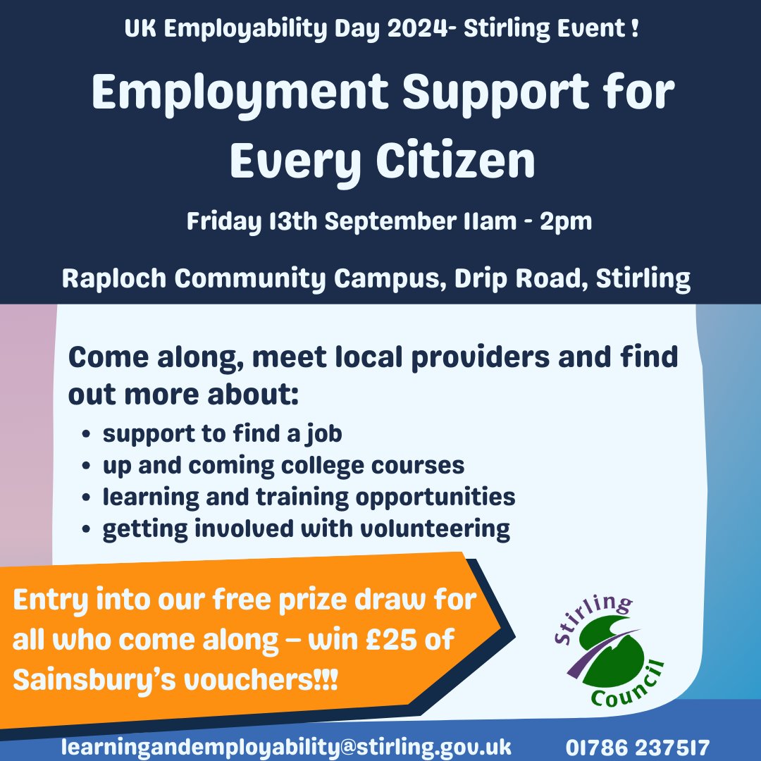 SDSFVILA's tweet photo. Employability Day event from 11.00 until 14.00 at Raploch Campus, Stirling, on 13th September 2024 

@StirlingCouncil @StirObserver @StirlingCarers @WhatOnStirling @stir_spyp @stirlingCE https://t.co/p7jPe7HYe7