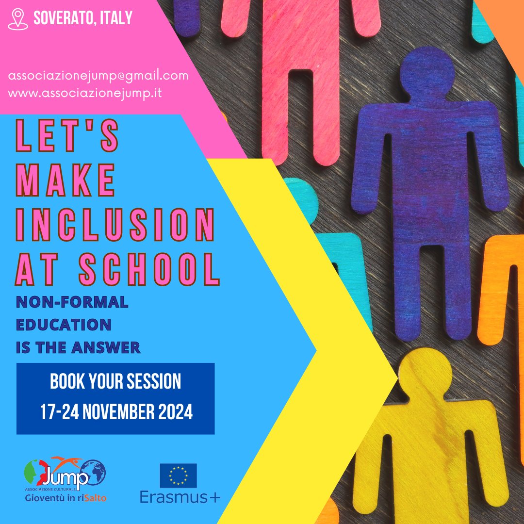 AssoJUMP's tweet photo. International Trainings all the year in Soverato, Calabria - Italy
LET'S MAKE INCLUSION AT SCHOOL. Non Formal Education is the answer!
Book your session for the YEAR 2024

https://t.co/zzGYGMxExc
associazionejump@gmail.com

#Erasmusplus #inclusion #teachers #trainings #schools https://t.co/wDSvJvyeNz