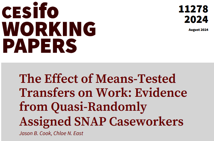 CESifo (@cesifonetwork) on Twitter photo The Effect of Means-Tested Transfers on Work: Evidence from Quasi-Randomly Assigned SNAP Caseworkers | <a href="/EconJason/">Jason Cook</a> <a href="/ChloeNEast/">Dr. Chloe N. East she/her @chloeneast.bsky.social</a>
#econtwitter
cesifo.org/en/publication… The Effect of Means-Tested Transfers on Work: Evidence from Quasi-Randomly Assigned SNAP Caseworkers | <a href="/EconJason/">Jason Cook</a> <a href="/ChloeNEast/">Dr. Chloe N. East she/her @chloeneast.bsky.social</a>
#econtwitter
cesifo.org/en/publication…