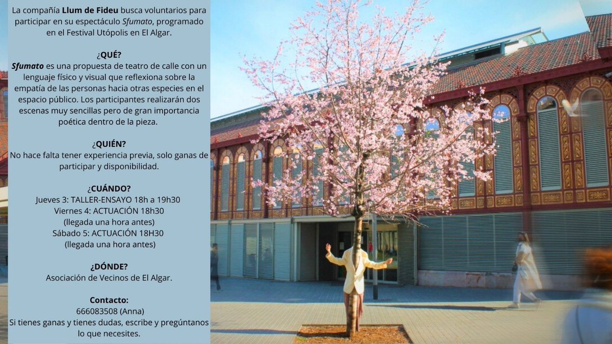 La compañía Llum de Fideu busca voluntarios para
participar en su espectáculo Sfumato,
¿Quieres vivir el festival desde dentro?
Ponte en contacto con ellos