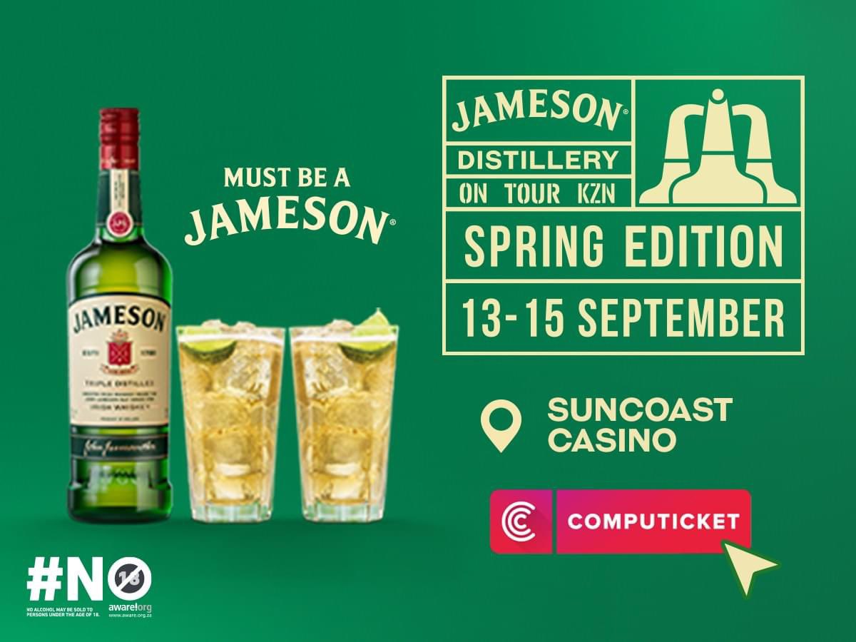 Jameson Distillery on Tour #JDoT is coming to Durban for the first time ever at Suncoast casino from 🗓️ 13-15th September. Want to win 💰R5 000 + Jameson merch? Post right here on Facebook using #LetJamesonTripleIt, share your name &amp; Jameson ritual – whether neat, on the rocks,