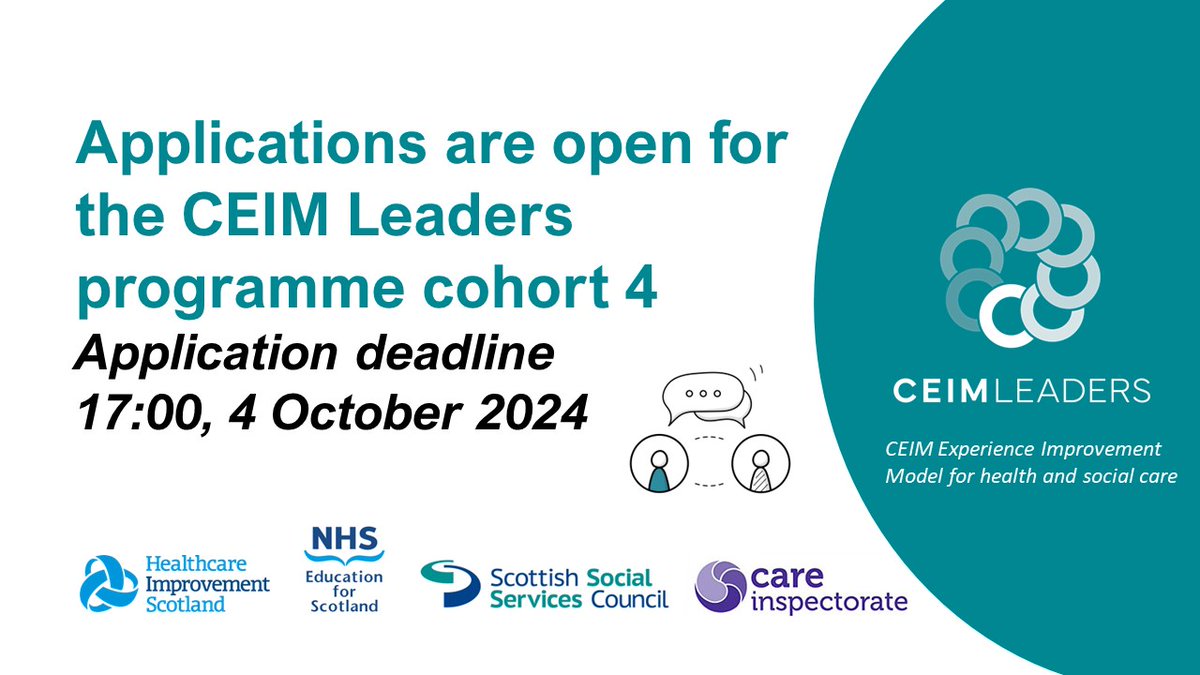jeanahpm's tweet image. Applications now open 2024 CEIM Leaders Programme Are you interested in using service user feedback to inform quality improvement, do you work in health or social care in Scotland find out more here tinyurl.com/mr23666c @nes_qi @dgmfg @LisaMImprove @paula_bisset @careopinion