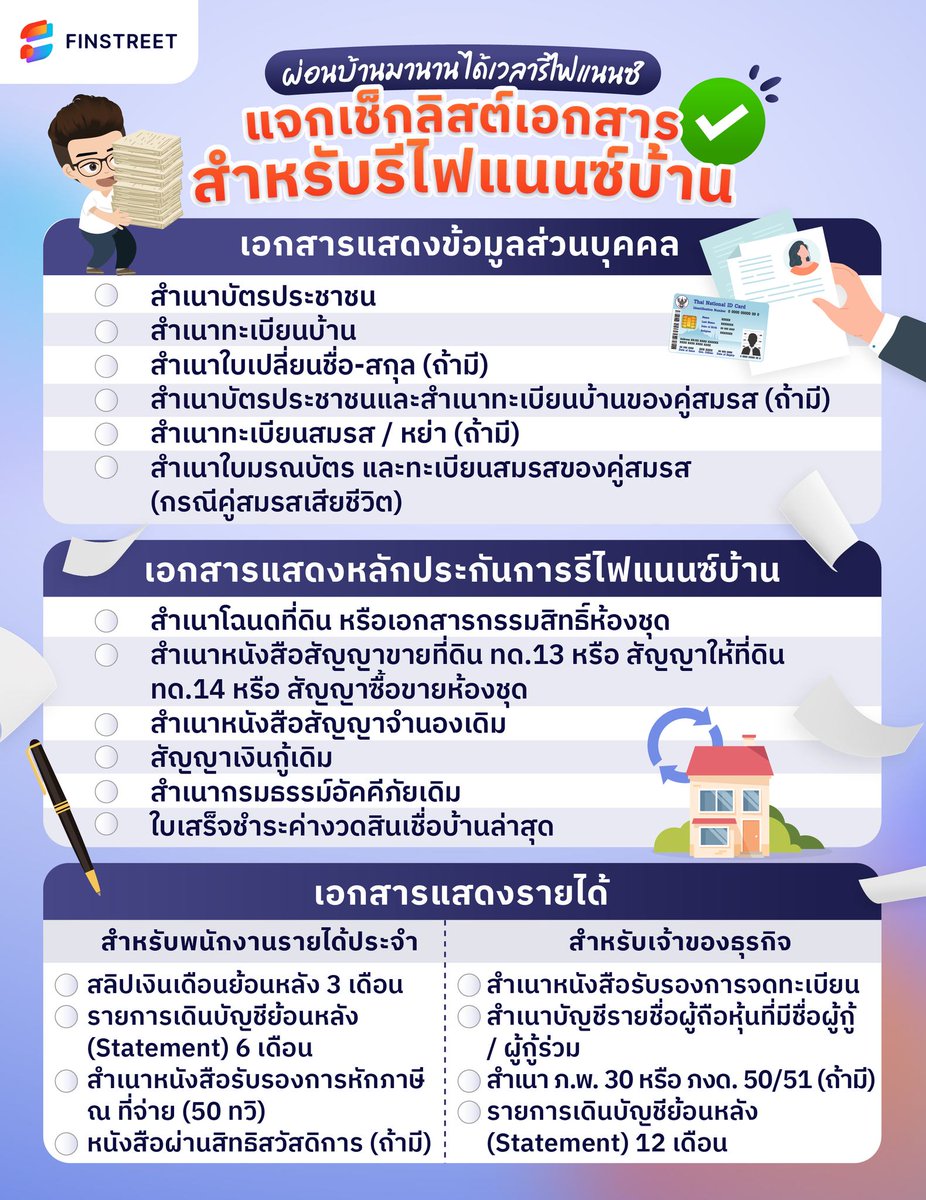 FINSTREET_TH's tweet photo. ผ่อนบ้านมานาน แต่ดอกเบี้ยไม่ลด ได้เวลารีไฟแนนซ์บ้าน!
พี่โอกาสเลยมาแจกเช็กลิสต์เอกสารสำหรับรีไฟแนนซ์บ้าน จะชาวออฟฟิศและคนที่ทำธุรกิจส่วนตัวก็อ่านได้ ไปดูกันครับ

#FINSTREET #รีไฟแนนซ์บ้าน #เอกสารรีไฟแนนซ์บ้าน https://t.co/SoBYkWTVg8