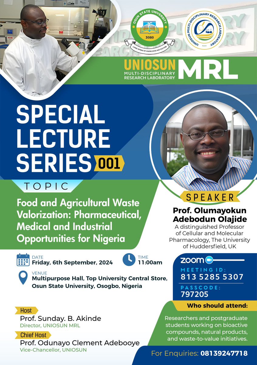 The Multidisciplinary Research
Laboratory, Uniosun, presents its first special lecture on "Food and Agricultural Waste Valorization:
Opportunities for Nigeria" on Friday 6th September, 2024. 

Join us!
#Uniosun #Research #Innovation #Sustainability #Mrl_uniosun
Happy New Month