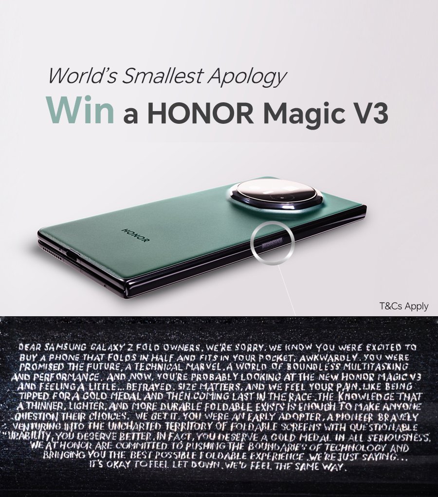 UKHonor's tweet photo. We made the world’s SMALLEST apology on the world’s THINNEST inward-folding phone!
🏆Tell us your favourite feature of #HONORMagicV3 in your post or quote this post to win it!
📱Tag @UKHonor and include the hashtags: #HONORMagicV3 #HONORIFA2024 #UnfoldYourMagic. 
🗓️15th Sept🔚 https://t.co/oLmX05ltzH
