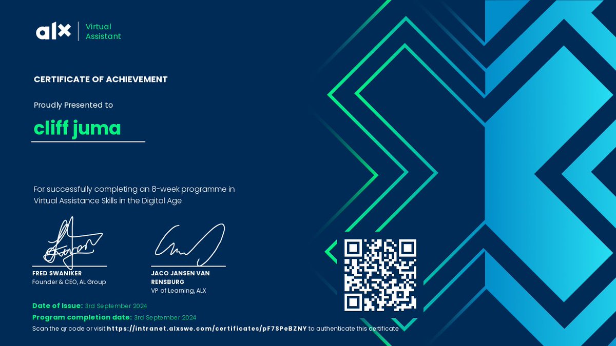 CliffJuma9's tweet photo. Exciting News! 🎉

I’m thrilled to share that I have successfully completed an intensive 8-week Virtual Assistant program conducted by ALX! 

A big thank you to the incredible ALX team for their guidance and support throughout this program. 
#VirtualAssistant #ALX https://t.co/NT1ydRdHYC