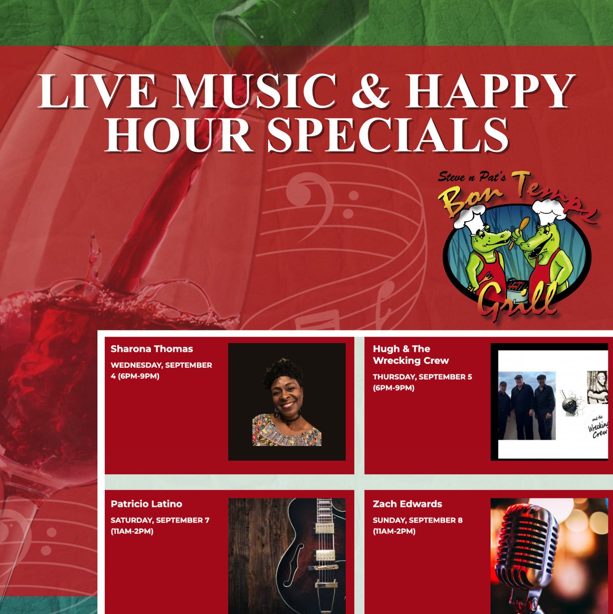 BonTempsGrill's tweet photo. 🍷 Raise a glass every Tuesday for half price on all of our bottled wines! You can also check out our other HAPPY HOUR SPECIALS here ➡️ https://t.co/u1P0YFZNPp from 2p-6p, Mon-Fri-YAY! View our music acts by clicking here ➡️ https://t.co/sVnflpkJa8! Bon Temps Grill is ALW ... https://t.co/u1yfdQleyo