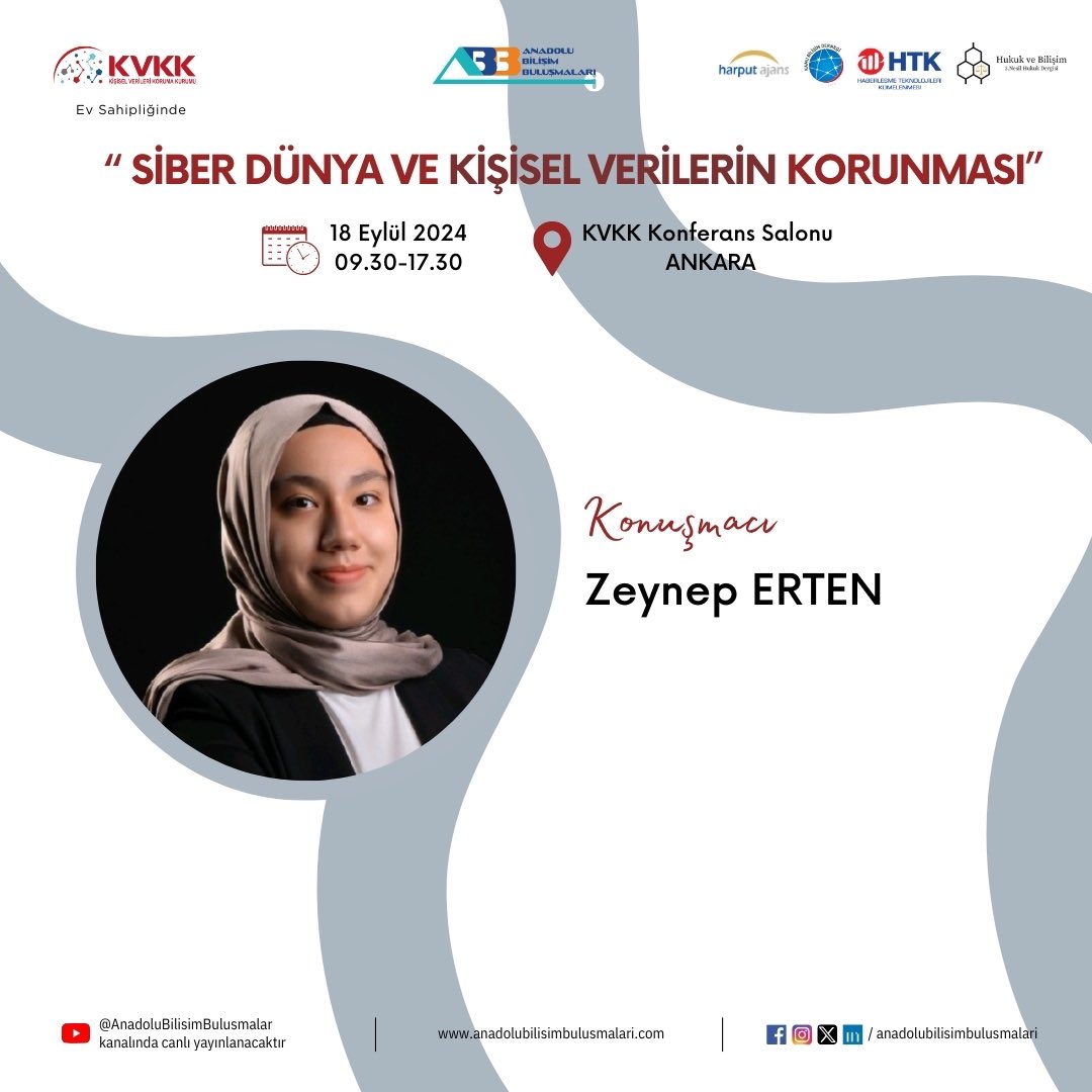 #anadolubilişimbuluşmaları kapsamında, KVKK ev sahipliğinde; Harput Ajans, Hukuk ve Bilişim Dergisi, Kamu Bilişim Derneği ve Haberleşme Teknolojileri Kümelenmesi işbirliği ile düzenlenen, "SİBER DÜNYA ve KİŞİSEL VERİLERİN KORUNMASI" etkinliği için hazır mısınız? 🚀