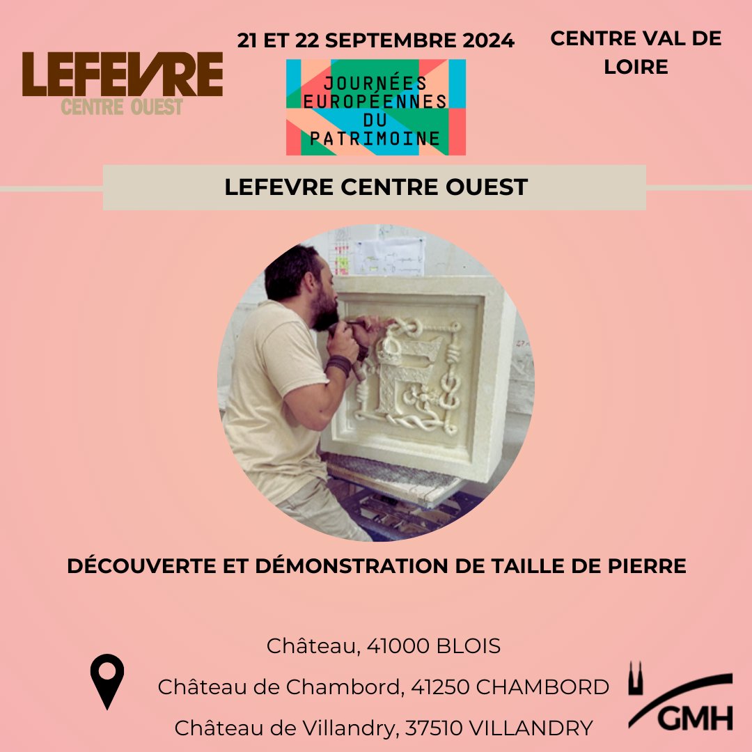GMH (@gmhistoriques) on Twitter photo 🏛 JEP 2024 : GMH CENTRE VAL DE LOIRE <a href="/Lefevre/">Richard Lefevre</a> –
Démonstrations et initiation taille de pierre
đź“… 21 et 22 septembre
📍 Château, 41000 BLOIS et Château de Villandry, 37510 VILLANDRY
đź“… 20, 21 et 22 septembre
📍 Château de Chambord, 41250 CHAMBORD
#gmh #gmhistorique #jep2024 🏛 JEP 2024 : GMH CENTRE VAL DE LOIRE <a href="/Lefevre/">Richard Lefevre</a> –
Démonstrations et initiation taille de pierre
đź“… 21 et 22 septembre
📍 Château, 41000 BLOIS et Château de Villandry, 37510 VILLANDRY
đź“… 20, 21 et 22 septembre
📍 Château de Chambord, 41250 CHAMBORD
#gmh #gmhistorique #jep2024