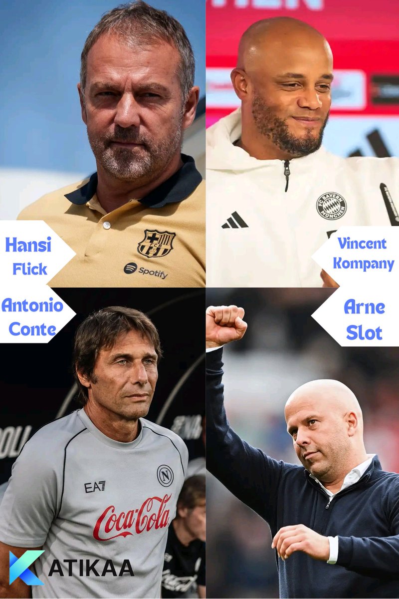 katikaaofficial's tweet photo. Before the International break who among these four new managers impressed the fans? Flick from Barça 🇪🇸 Kompany from Bayern Múnich 🇩🇪 Conte from Napoli 🇮🇹 or Slot from Liverpool 🏴 #fyp #katikaa #sportingcommunity #SoccerLife #napoli #barça #liverpoolfc #napoli #bayernmunich https://t.co/G49FSrREXA
