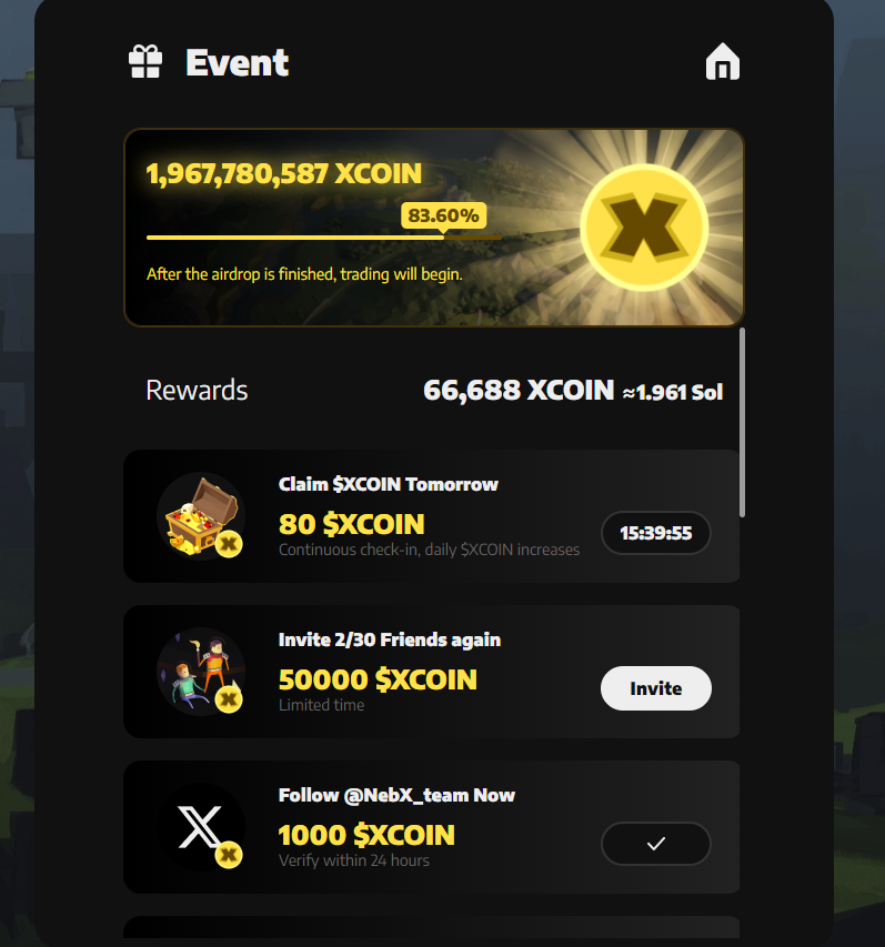 【0撸】$Dogs 彻底火出圈🔥，又一个 $XCOIN 空投 ，根据推特年限来给分数，这个分数可以忽略不急，重要是做任务给分数，目前已经领取了83%，说100%就发空投。

花费时间：两分钟

建议是大号带小号，在里面做完任务，每个小号目前一万分左右，页面显示0.3sol，撸起来

链接：nebx.io/login?v=662814…