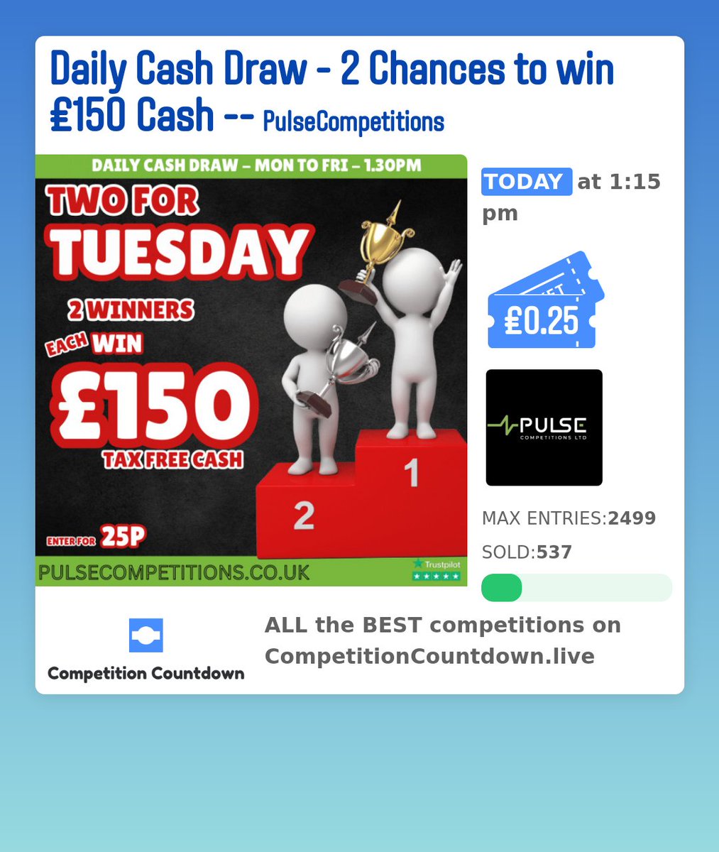 CompetitionCou1's tweet photo. Check out this competition on https://t.co/qW8XujUG8M ! 
Daily Cash Draw - 2 Chances to win £150 Cash
 Competition Countdown does not run any competitions, we just show you all the best one is one place! 🔥🔥 WOW 👀 
 
 #cash #winmoney #win #competitioncountdown #competit... https://t.co/1FWe6UCTc3