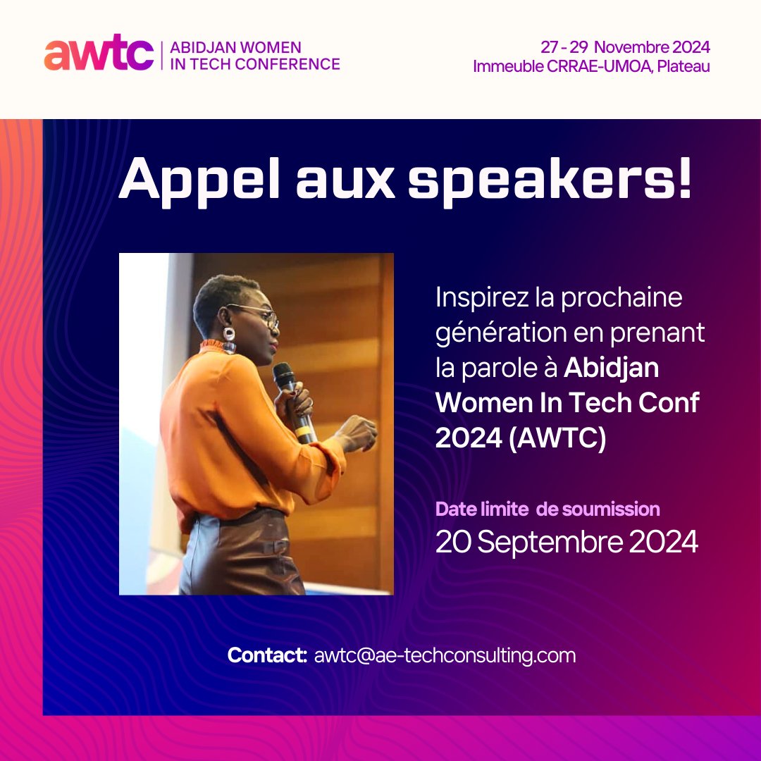 L'appel à Speakers pour #AWTC2024 est officiellement ouvert !
Vous êtes une femme leader dans le secteur de la tech ? Partagez votre expertise lors de cet événement unique en Afrique francophone. 
Postulez avant le 20 septembre  2024 : bit.ly/SpeakAWTC!
#WomenInTech #AWTC