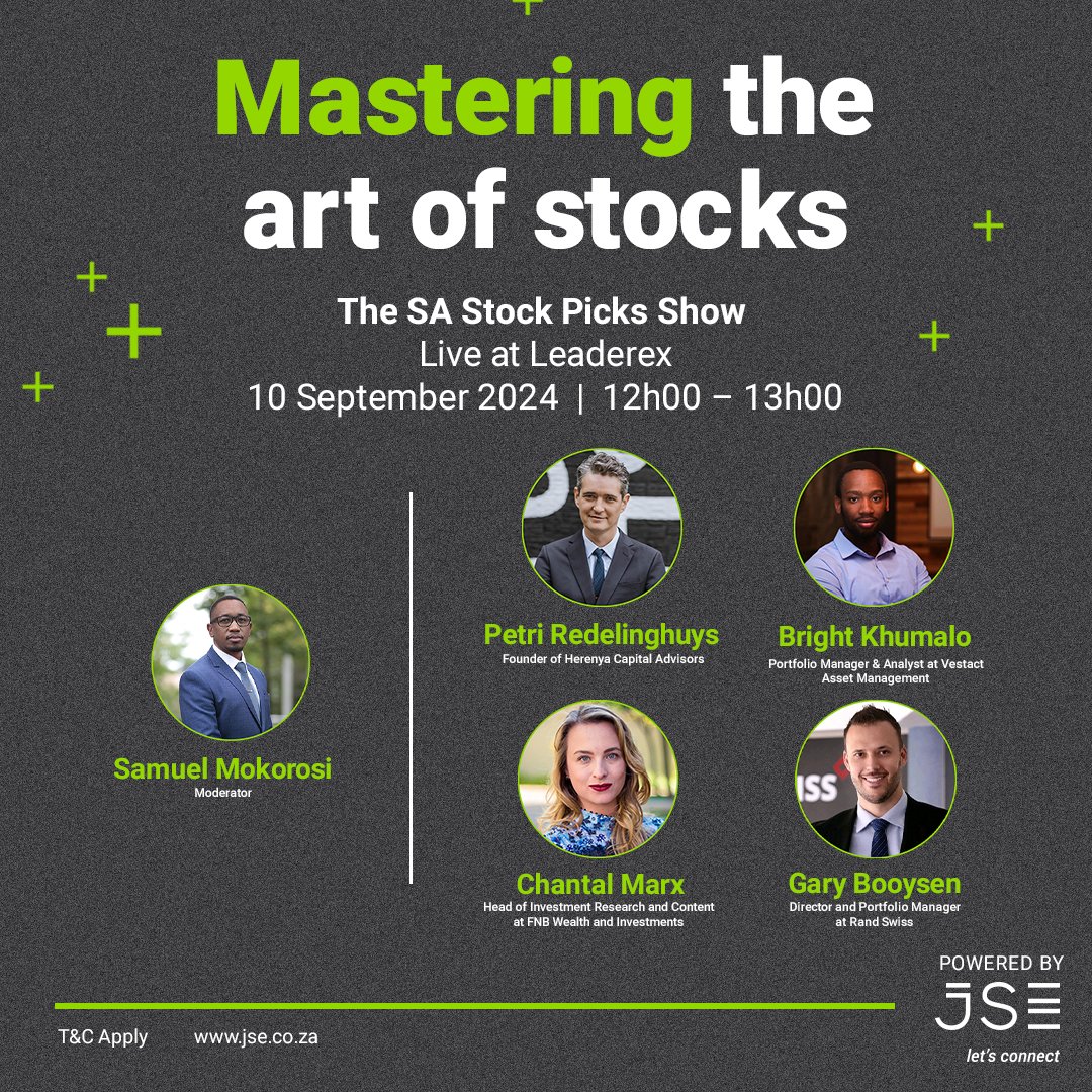 JSE_Group's tweet photo. We look forward to having you join us for another episode of #SAStockPicks, powered by JSE on 10 September at 12pm live at #Leaderex. 

In this 1 hour live special, industry experts in finance, investments and brokerage will take us through their top stock picks.  

Bookmark link: https://t.co/XgIcgCjkdt

@DividendPapi @GaryBooysen @TraderPetri @chantal_marx @sammokorosi