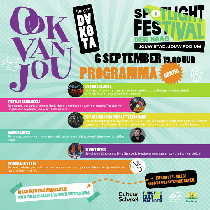 Tip bij onze buren! 🤩

Op vrijdag 6 september trapt Theater Dakota het nieuwe culturele seizoen af in stijl. In de theaterzaal, op het café podium en op het terras zijn diverse activiteiten en leuke previews van hun voorstellingen.
Kijk voor het hele programma op de website! 🥳