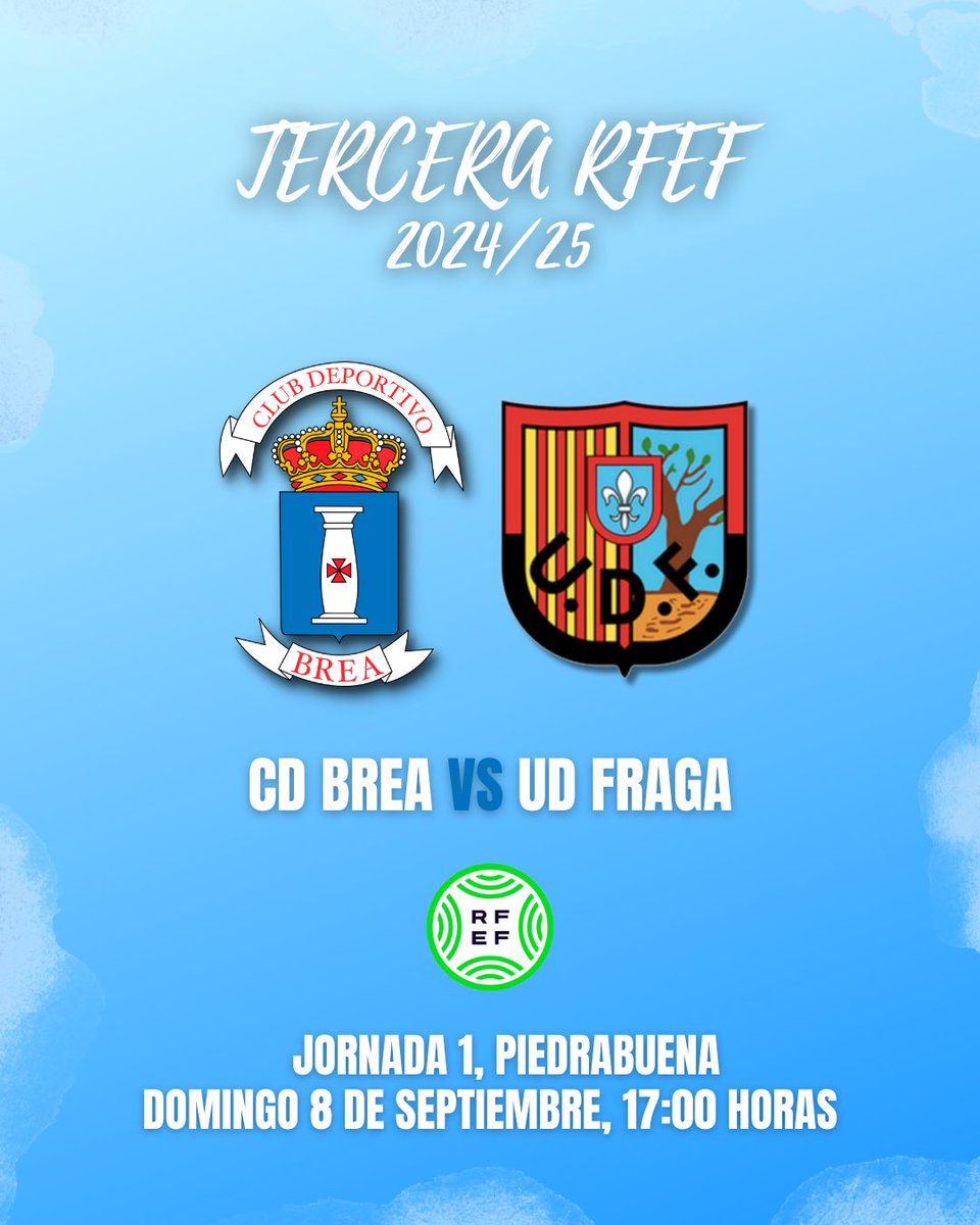 🖼 | 𝗝𝗢𝗥𝗡𝗔𝗗𝗔 𝟭 

¡Arrancamos la temporada! 🔥⚽️

🗓 Domingo 8 de septiembre
🕔 17:00h
📍 Brea de Aragón
🏟 Piedrabuena

<a href="/cd_brea/">CD Brea</a> 🆚 <a href="/udfraga/">UD Fraga</a> 

🤍💙