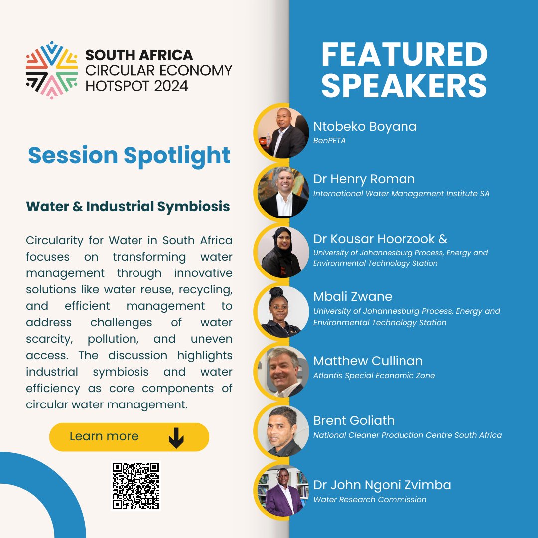 AfriCANcircular's tweet image. Spotlight on Water &amp;amp; Industrial Symbiosis! Explore SA's journey towards #WaterCircularity &amp;amp; sustainable development with experts including Ntobeko Boyana, Dr. Henry Roman, Dr. Kousar Hoorzook, and more during our upcoming #SACEH24! Learn more: shorturl.at/Yak6L