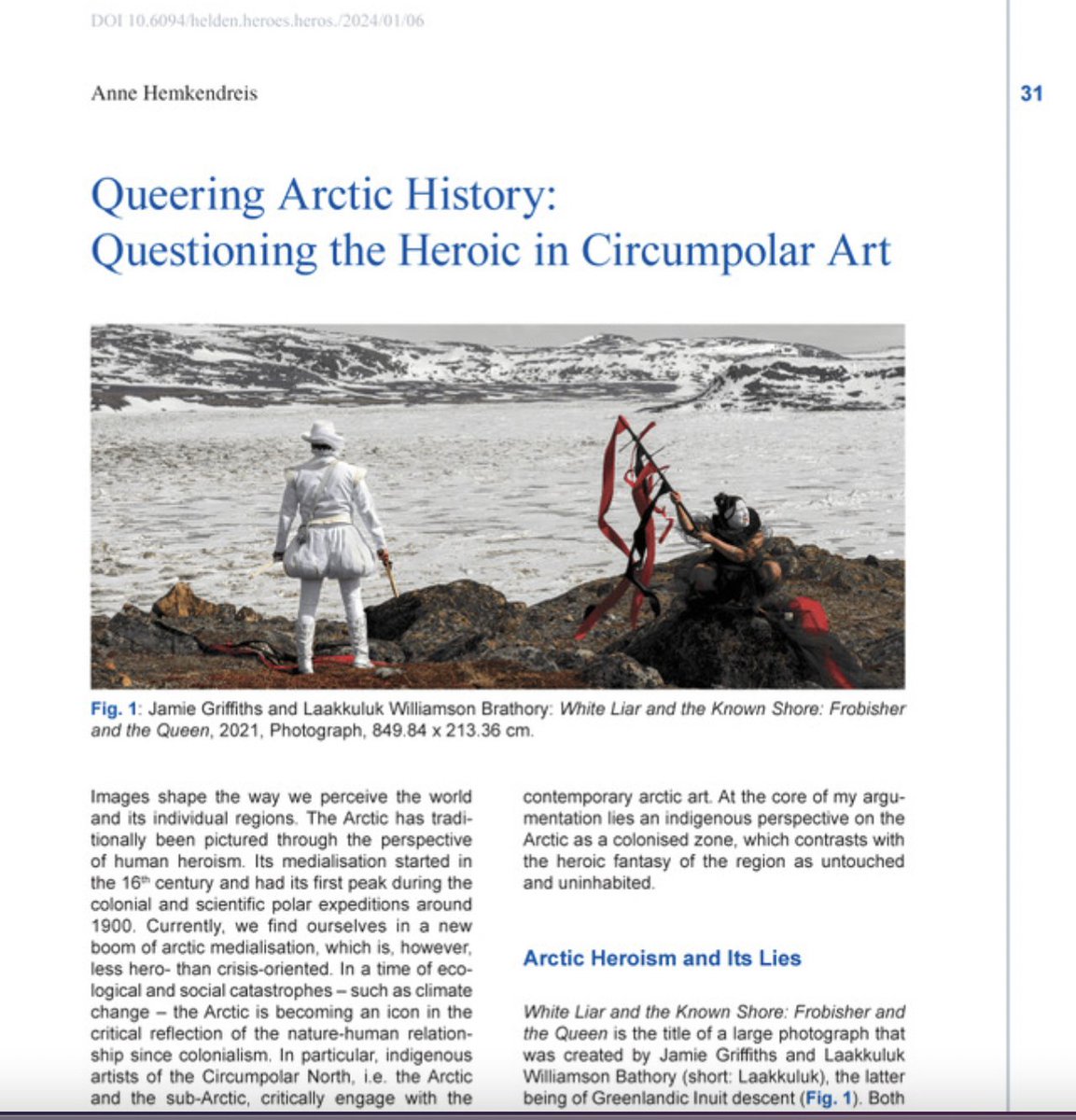 Arctic Heroism and its lies in Indigenous Art. Read my article on the thought-provoking artworks of Laakkuluk and Jamie Griffith: freidok.uni-freiburg.de/data/256095

#nunavut #artinnunavut #laakkuluk #griffith #circumpolarart #arcticheroism #environmentalart #icehumanities  #polarhistory