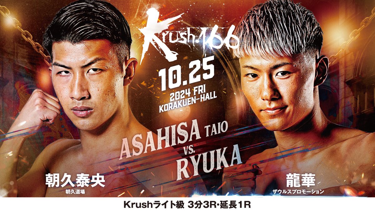 k1wgp_pr's tweet photo. 【Krush.166】10.25(金)後楽園

[Krushライト級]

朝久泰央(@tarzanboy921 )
vs
龍華(@Ryuka_k1 )

🎫チケットはこちら▷https://t.co/R1Gp5cVUbM

#Krush #k1wgp #格闘技 https://t.co/RyA0gaSqx5