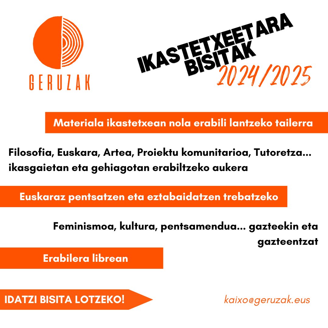 Ikasturte berrian Geruzak erabili nahi duzue zuen ikastetxean? Lagundu nahi diguzue lankideei ere materiala ezagutarazten? Idatziguzu eta antolatuko dugu bisita zuen zentrora!