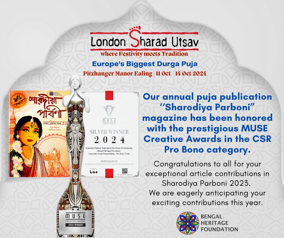 We are thrilled to share that our annual puja publication, "Sharodiya Parboni," has been honoured with the prestigious MUSE Creative Awards in the CSR Pro Bono category!
This recognition is a testament to our BHF and LSU’s hard work, creativity, and dedication. 
<a href="/museaward/">MUSE Awards</a>