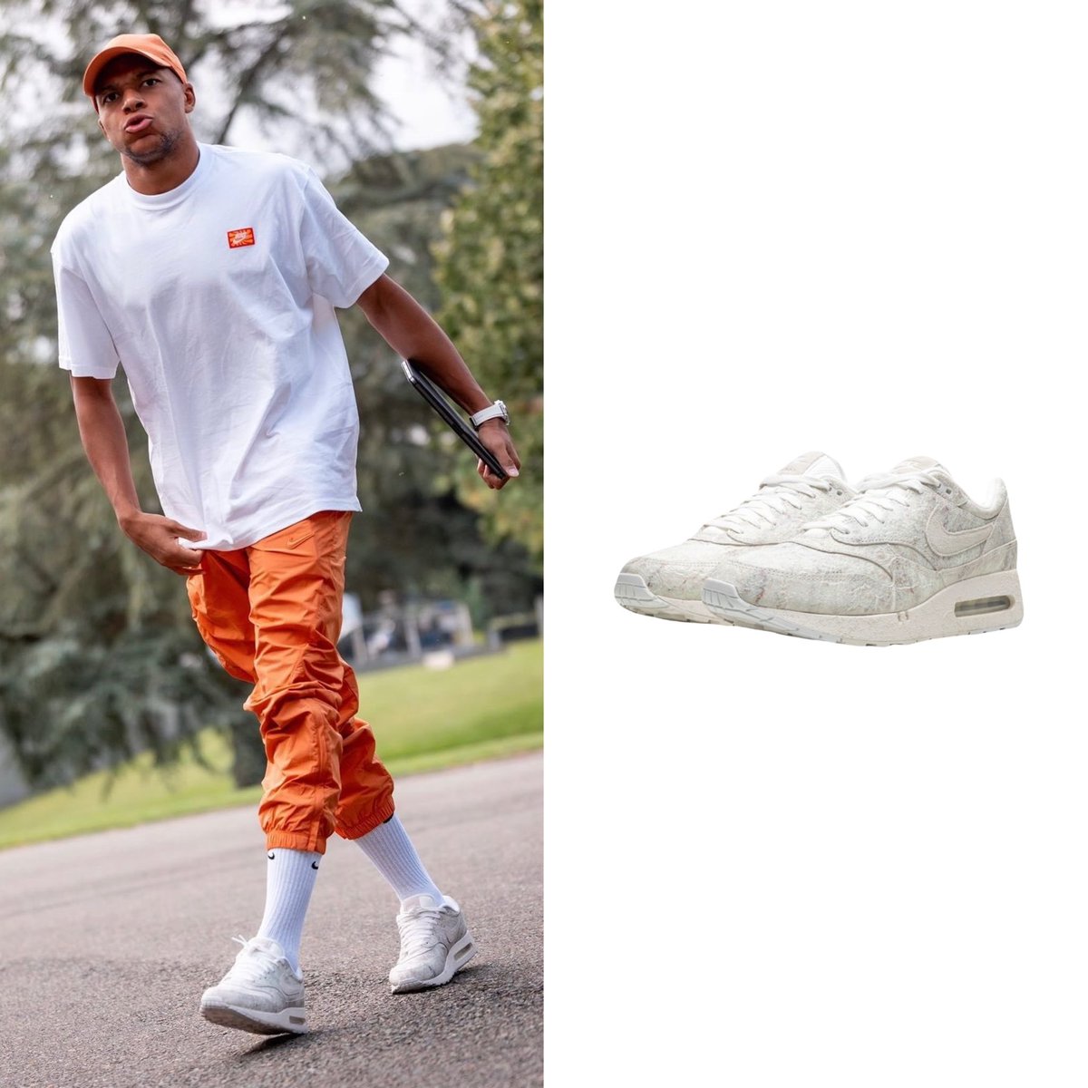 KMbappeStyle's tweet photo. And the Nike Everyday Cushioned Training Crew Socks in white. To top it off, he rocked the Nike Air Max 1 “Museum Masterpiece” sneakers in light beige (Code: FZ2149) and finished the look with a Nike x Nocta cap in Hot Curry/Orange Trance (Code: FV5541-808). https://t.co/IMaTh0ATZk