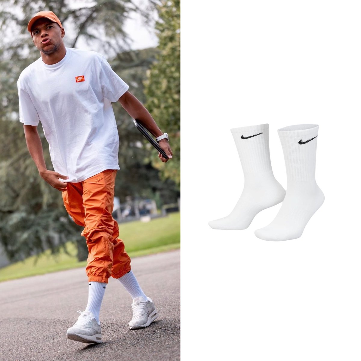 KMbappeStyle's tweet photo. And the Nike Everyday Cushioned Training Crew Socks in white. To top it off, he rocked the Nike Air Max 1 “Museum Masterpiece” sneakers in light beige (Code: FZ2149) and finished the look with a Nike x Nocta cap in Hot Curry/Orange Trance (Code: FV5541-808). https://t.co/IMaTh0ATZk