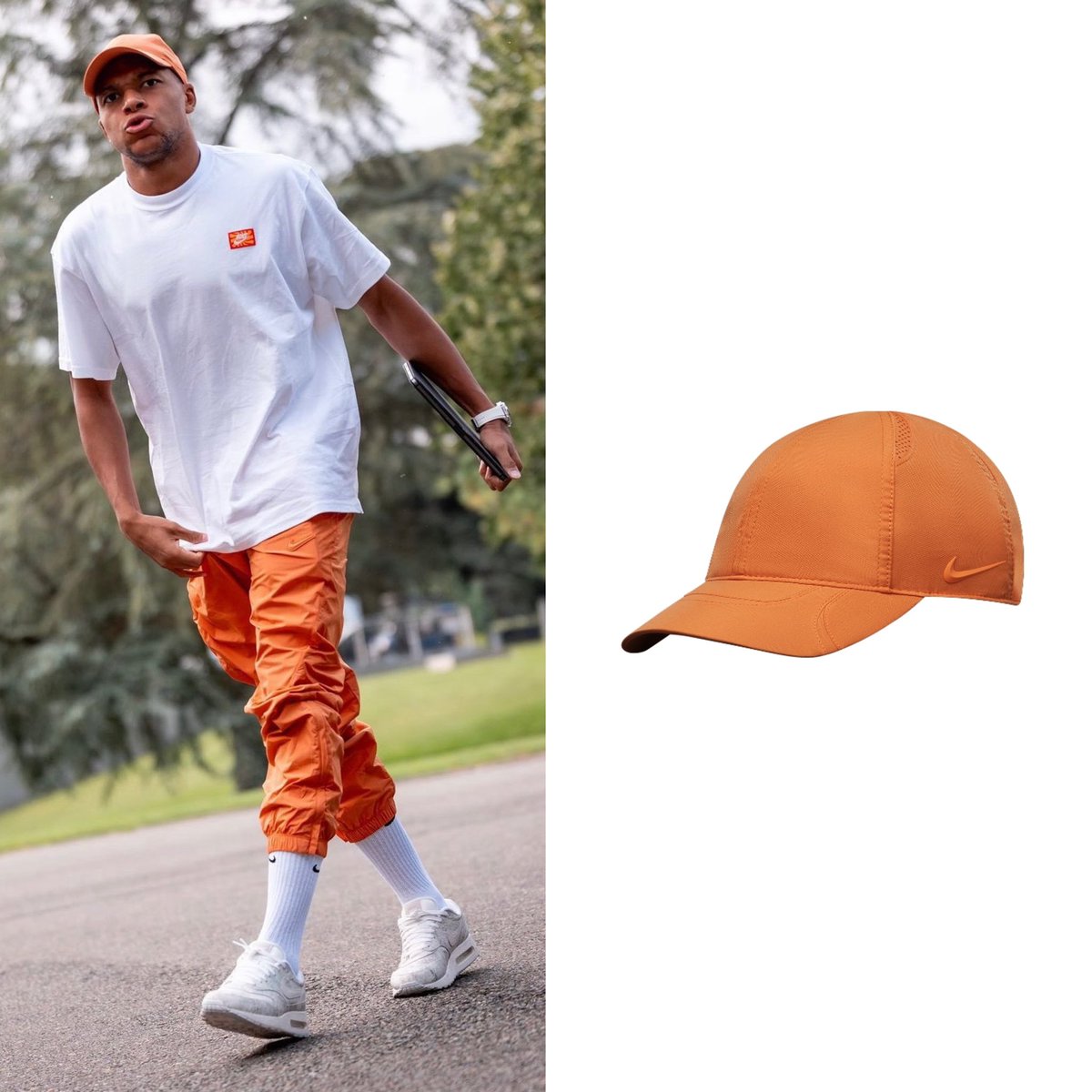 KMbappeStyle's tweet photo. And the Nike Everyday Cushioned Training Crew Socks in white. To top it off, he rocked the Nike Air Max 1 “Museum Masterpiece” sneakers in light beige (Code: FZ2149) and finished the look with a Nike x Nocta cap in Hot Curry/Orange Trance (Code: FV5541-808). https://t.co/IMaTh0ATZk